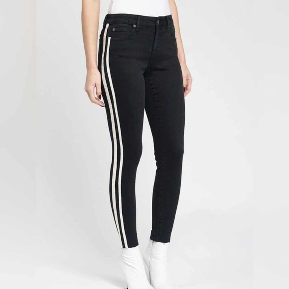 Pistola Audrey Skinny Jeans Size 27 Black White Side Stripe Raw Hem Denim